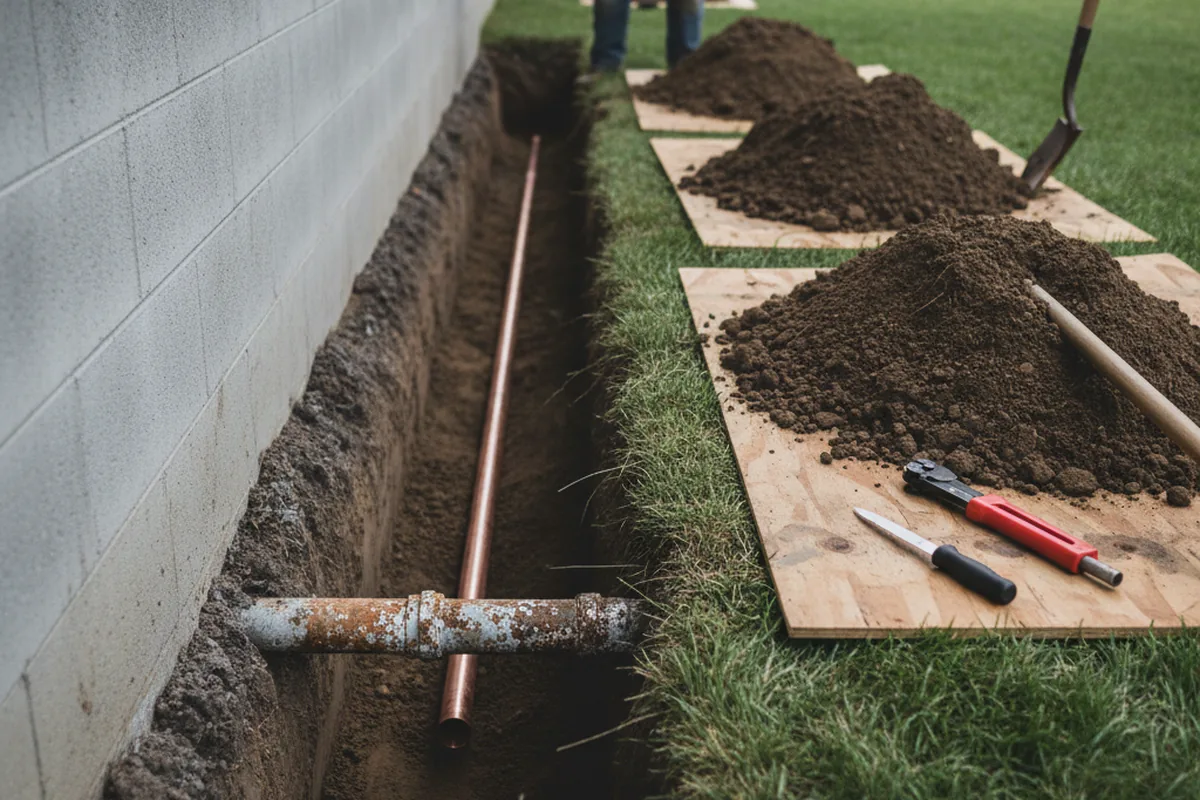 Excavated water line trench during Sewer Line Repair in Bonneau
